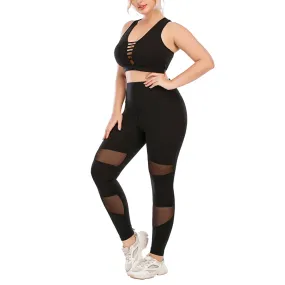 Black Cutout Sport Bra & Mesh Leggings Curve Fitness Yoga Suits Plus Size Two Piece Sets Wholesale Activewears