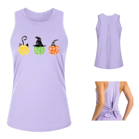 Cat Witch Pumpkin  | Women's Split Back or Tied Back Pickleball Tank | 80/20 Nylon Spandex Mix