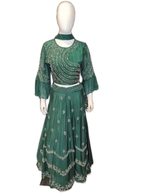 Green Chinon  Crop Top With Skirt